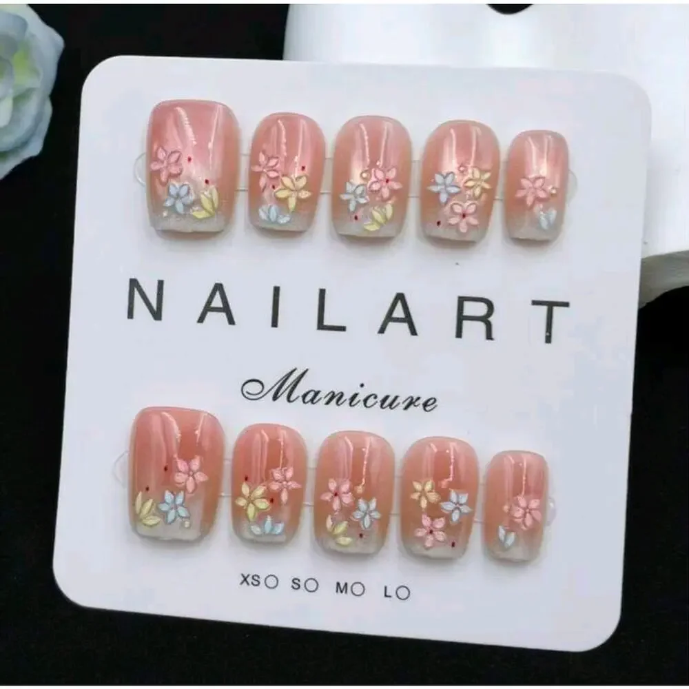 10 Pink Ombre Floral Press On Nails Short Square Reusable New Size Medium